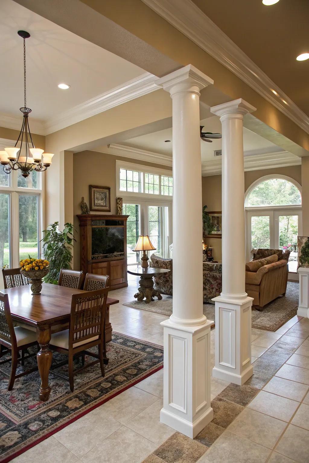 Columns stylishly separate open spaces.