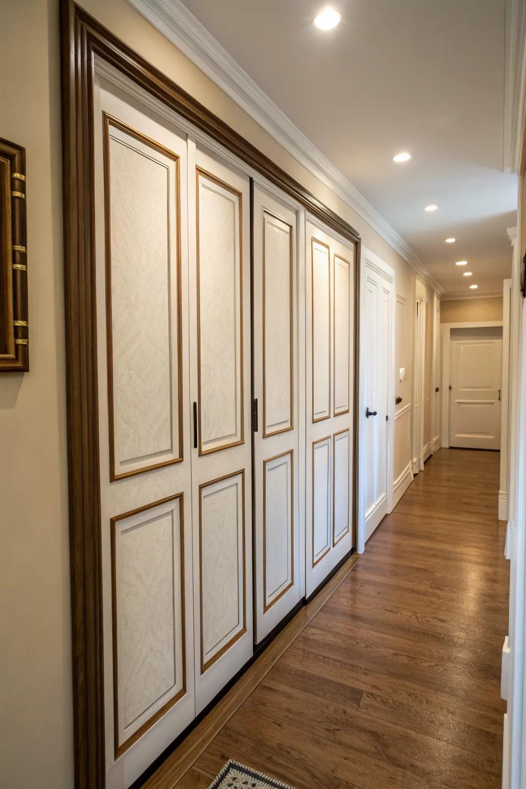 A hallway with closet doors featuring trimmed panels for a polished look.