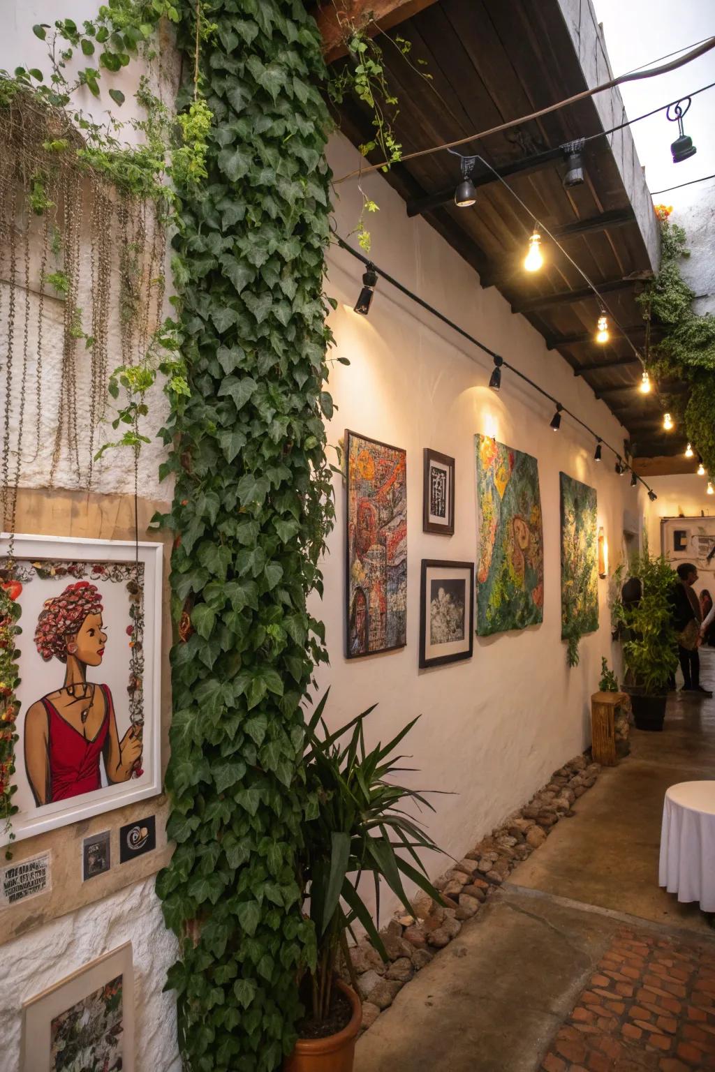 An eclectic ivy wall combined with art pieces, showcasing personality and style.