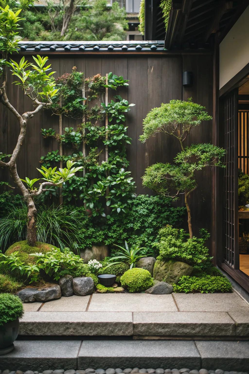 A Japanese-inspired vertical garden showing lush greenery.
