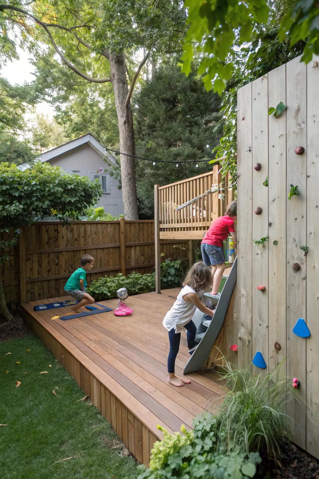 A deck featuring a small climbing structure where children are climbing and playing.