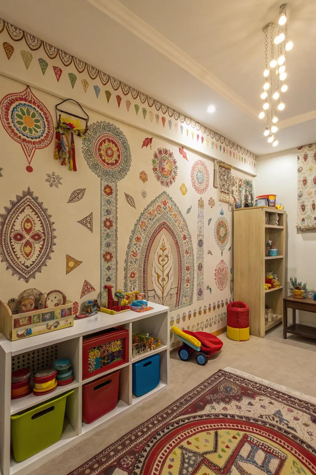 A playroom with cultural motif wall covering, weaving personal history into design.