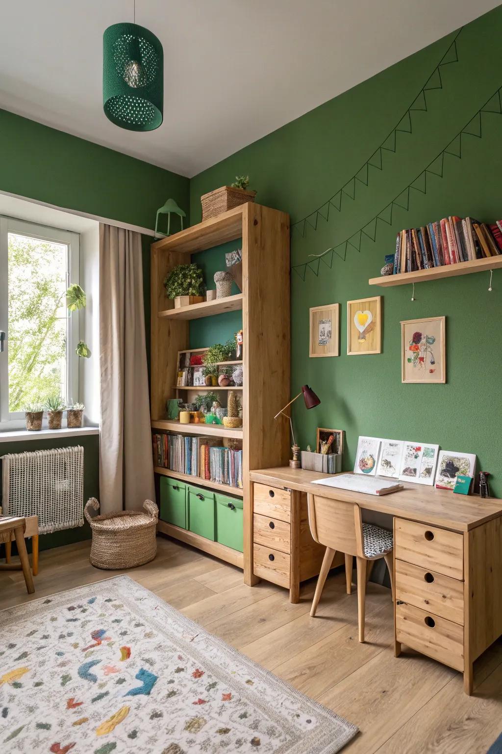 Deep green connects the room with the beauty of nature.