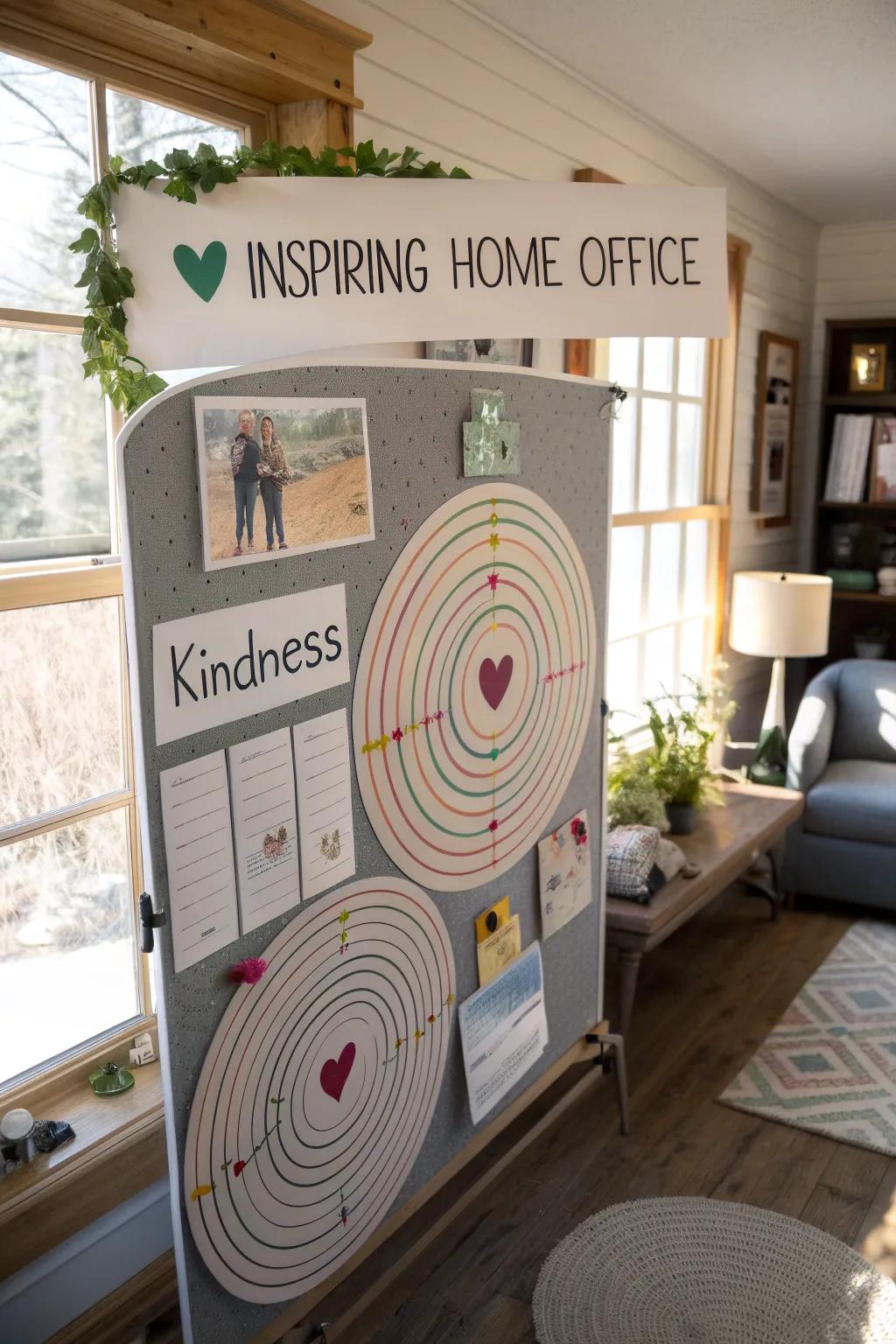 An inspiring home office showcases a cascade board illustrating the spreading impact of kindness.