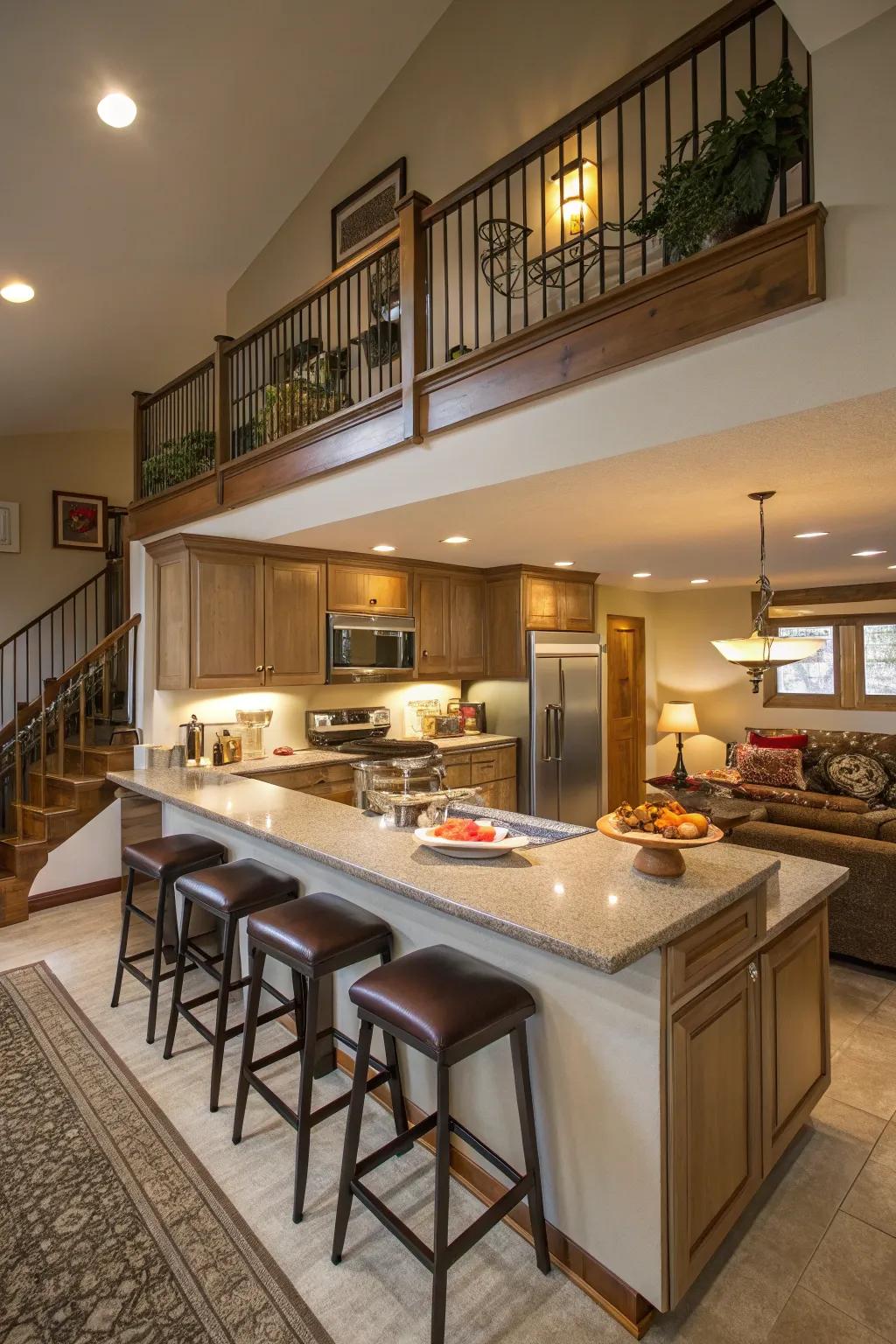 A split-level bar for cooking and dining.