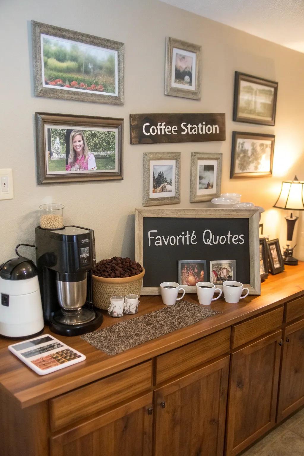 Personal touches create a cozy and inviting coffee station.