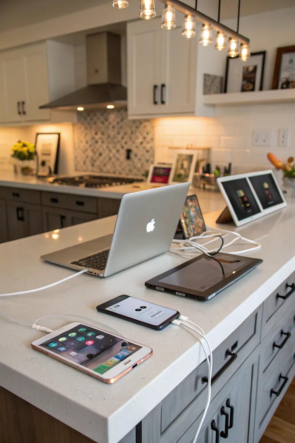 A tech-friendly kitchen desk featuring integrated outlets and charging docks.