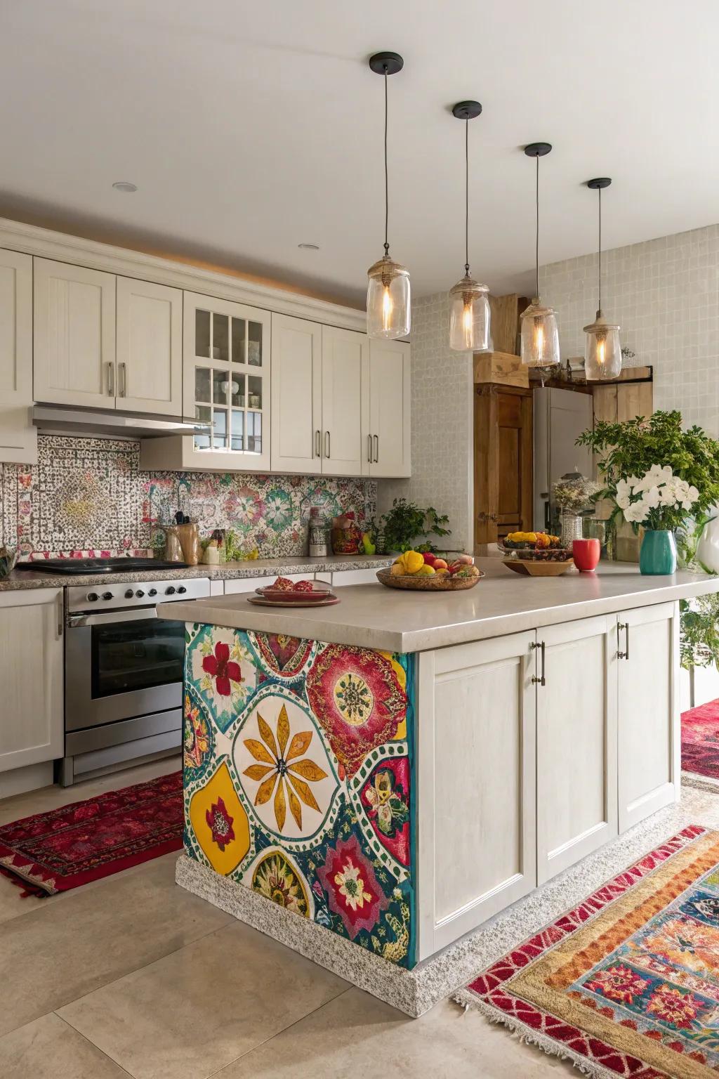 A multicolored tiles kitchen island becomes a vibrant focal point within this eclectic kitchen.