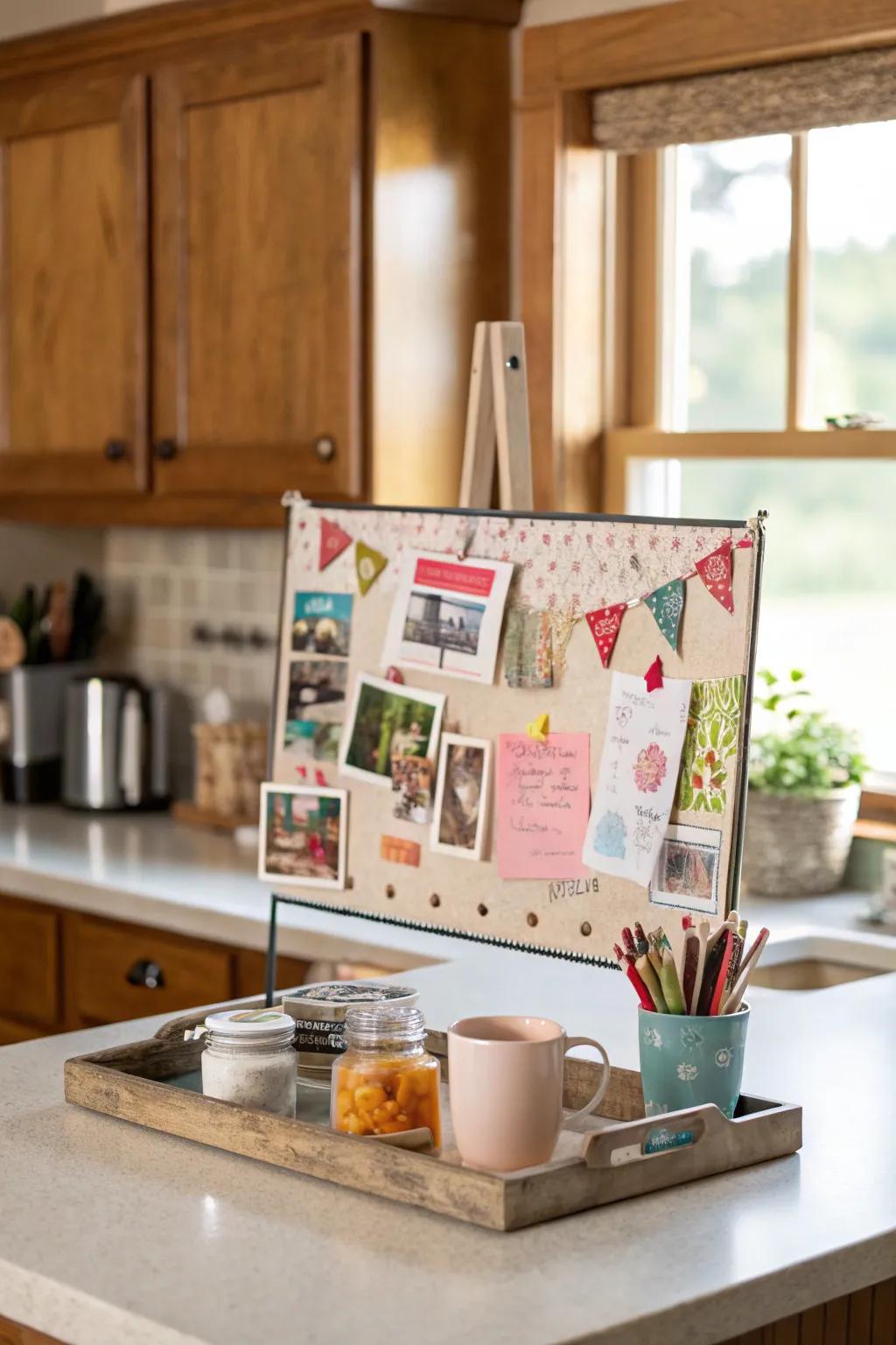 A notice board adds both function and flair to a kitchen workspace.