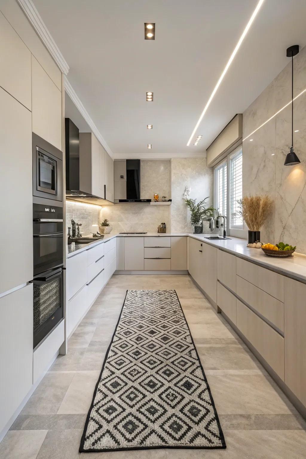 Monochrome rugs build a streamlined and cohesive appearance in minimalist kitchens.