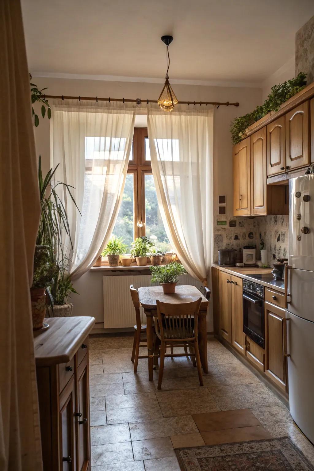 Full length curtains enhance the drama and style in any kitchen.