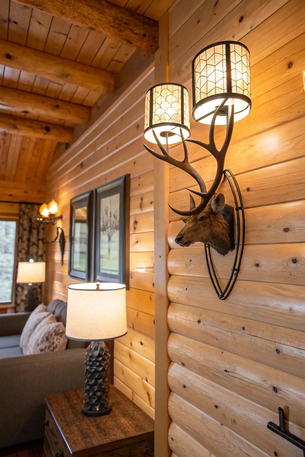 Unique lighting solutions adding elegance to the country cabin.