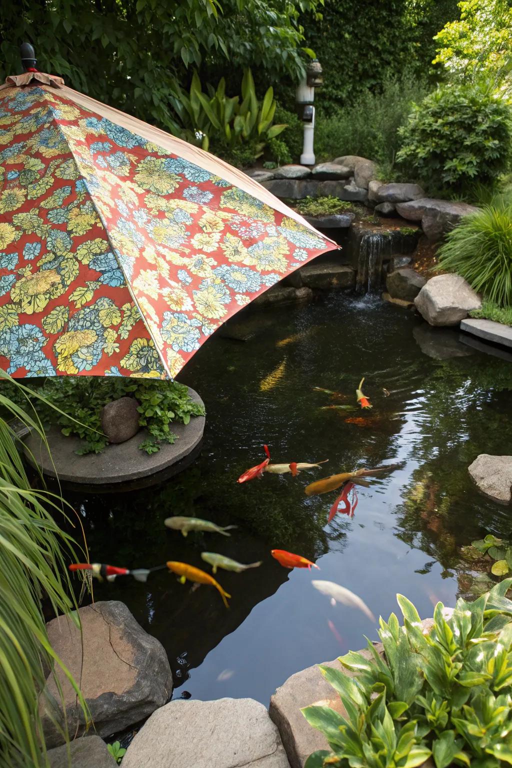 A koi pond enhanced with a made-to-order textile cover delivering vibrant shade.