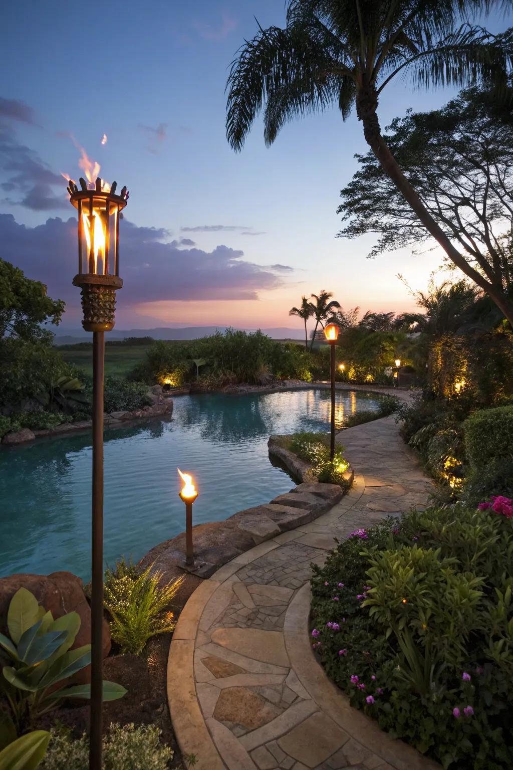 Ember lamps add festive lighting to lagoon pools.