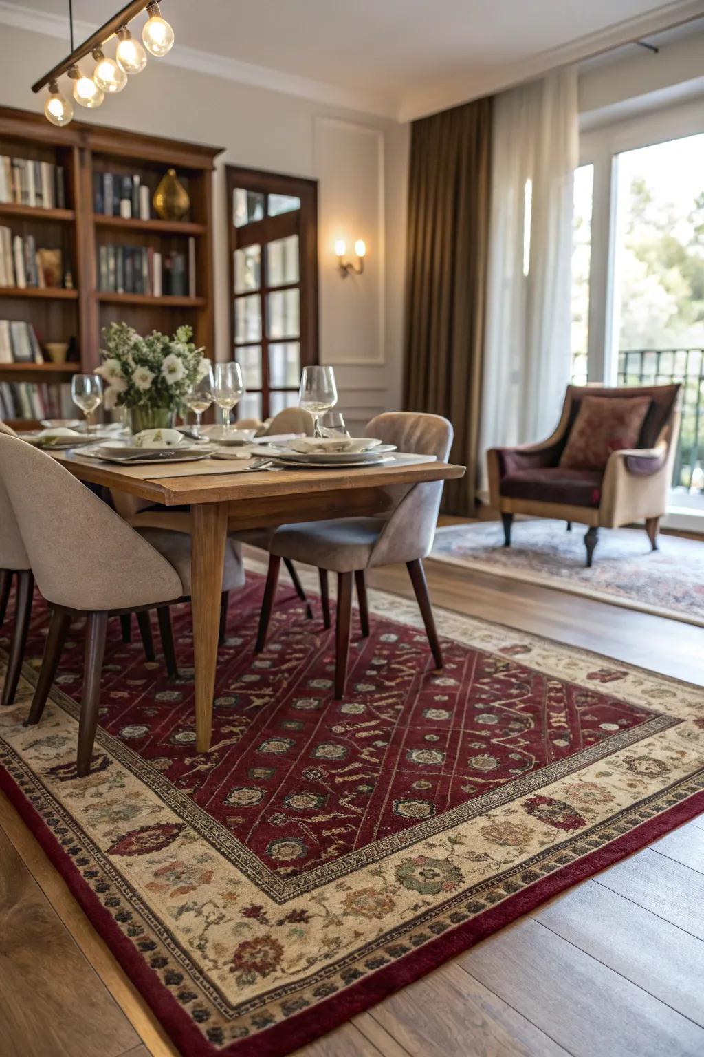 A rug can define the dining area and add warmth.