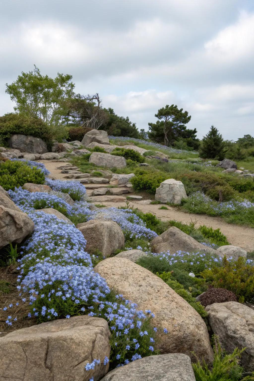 A stone garden showcasing scattered azure glorybush blossoms for added pigment.