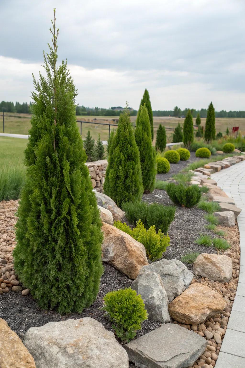 Evergreens bring lush life to simple-care rock gardens.