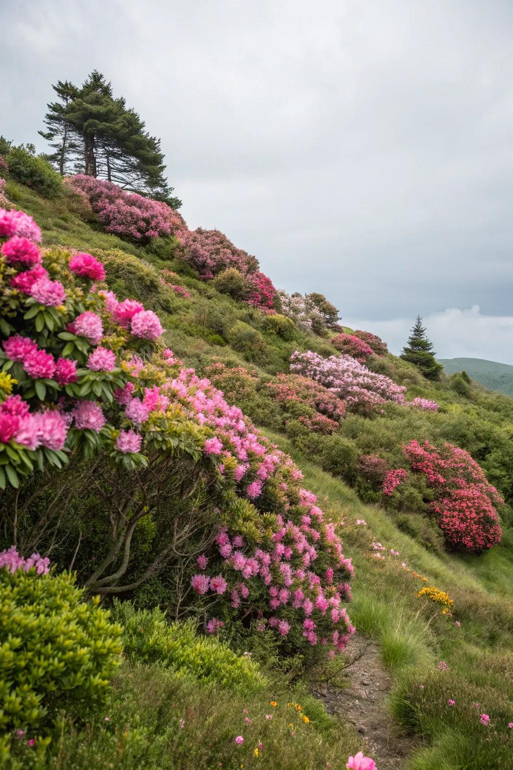 Rhododendrons supply stability and beauty on a garden incline.