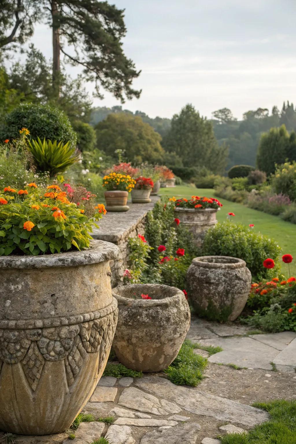 Bring a touch of sophistication with stone planters.
