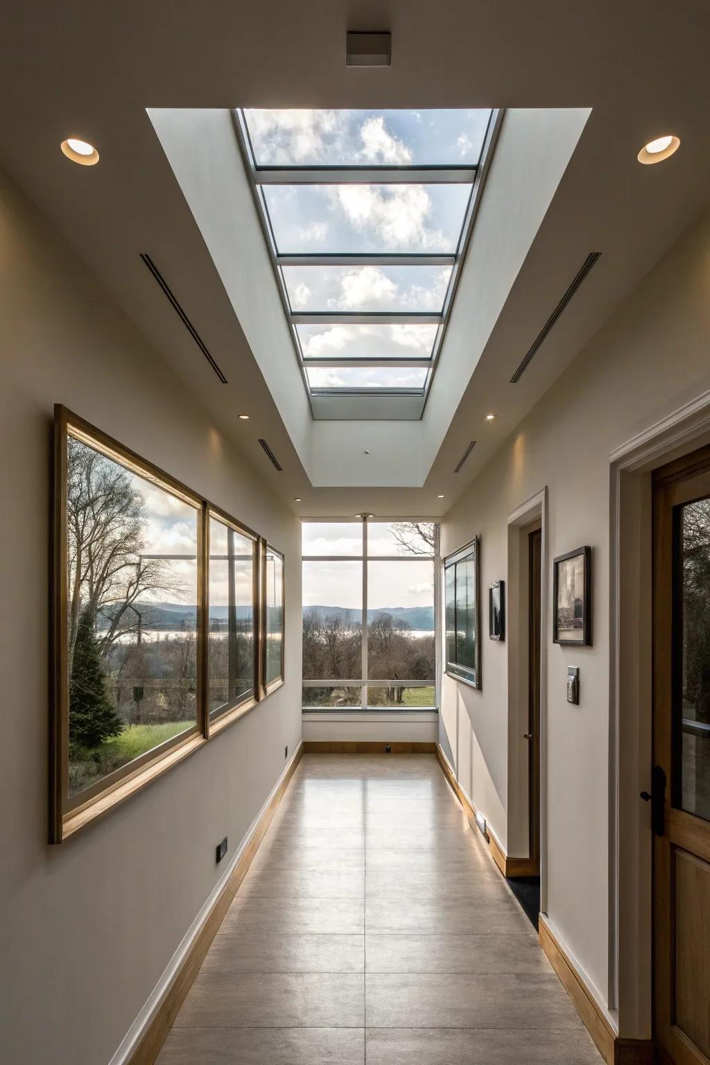 Skylights paired with a main window creating a light-filled hallway.
