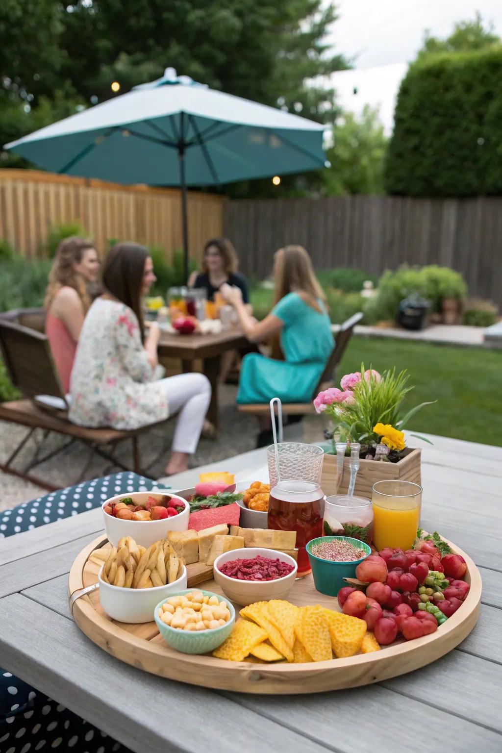 An outdoor entertaining setup with a rotating tray.