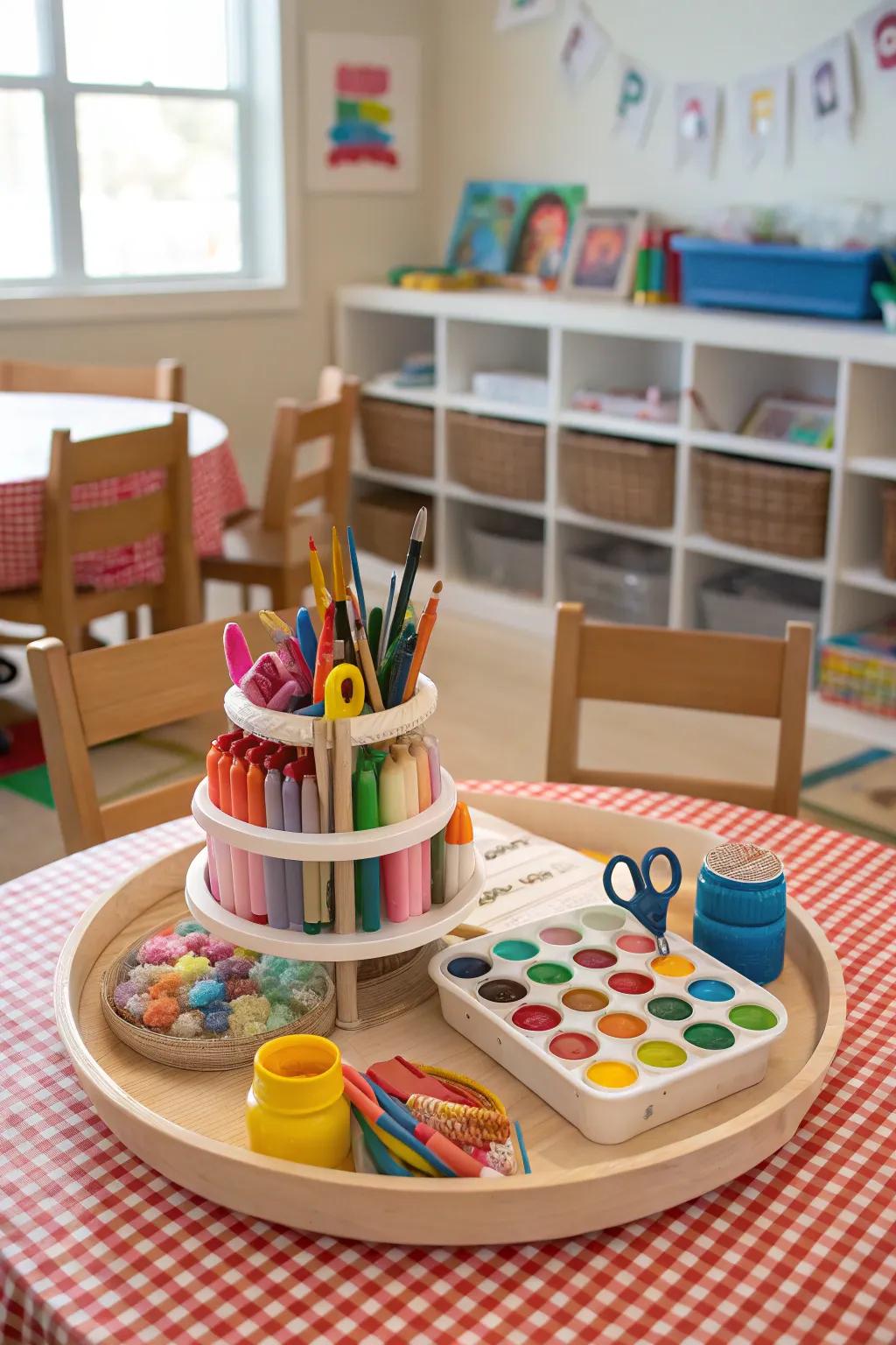 Foster creativity with a spinning organizer for kids' craft supplies.