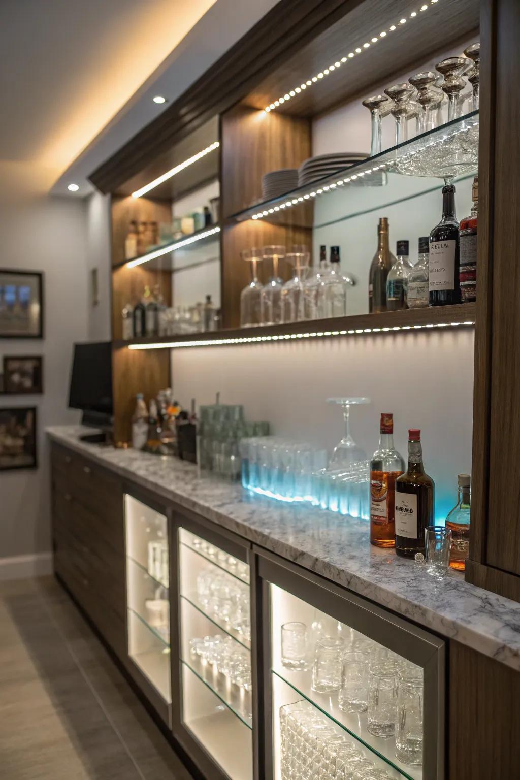 Sophisticated home bars featuring LED lighting.