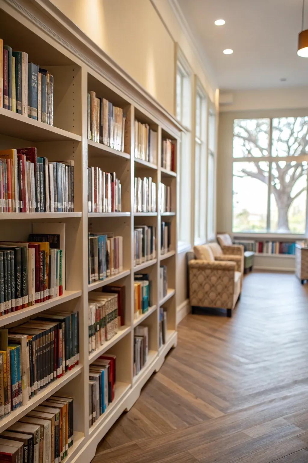 Custom built-in shelving offers a seamless and organized library aesthetic.