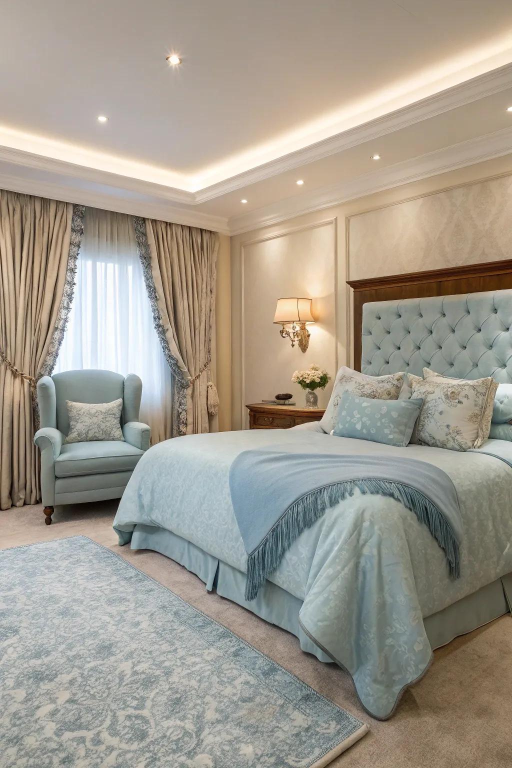 A luxurious bedroom featuring pale blue tones with plush textiles for added comfort.