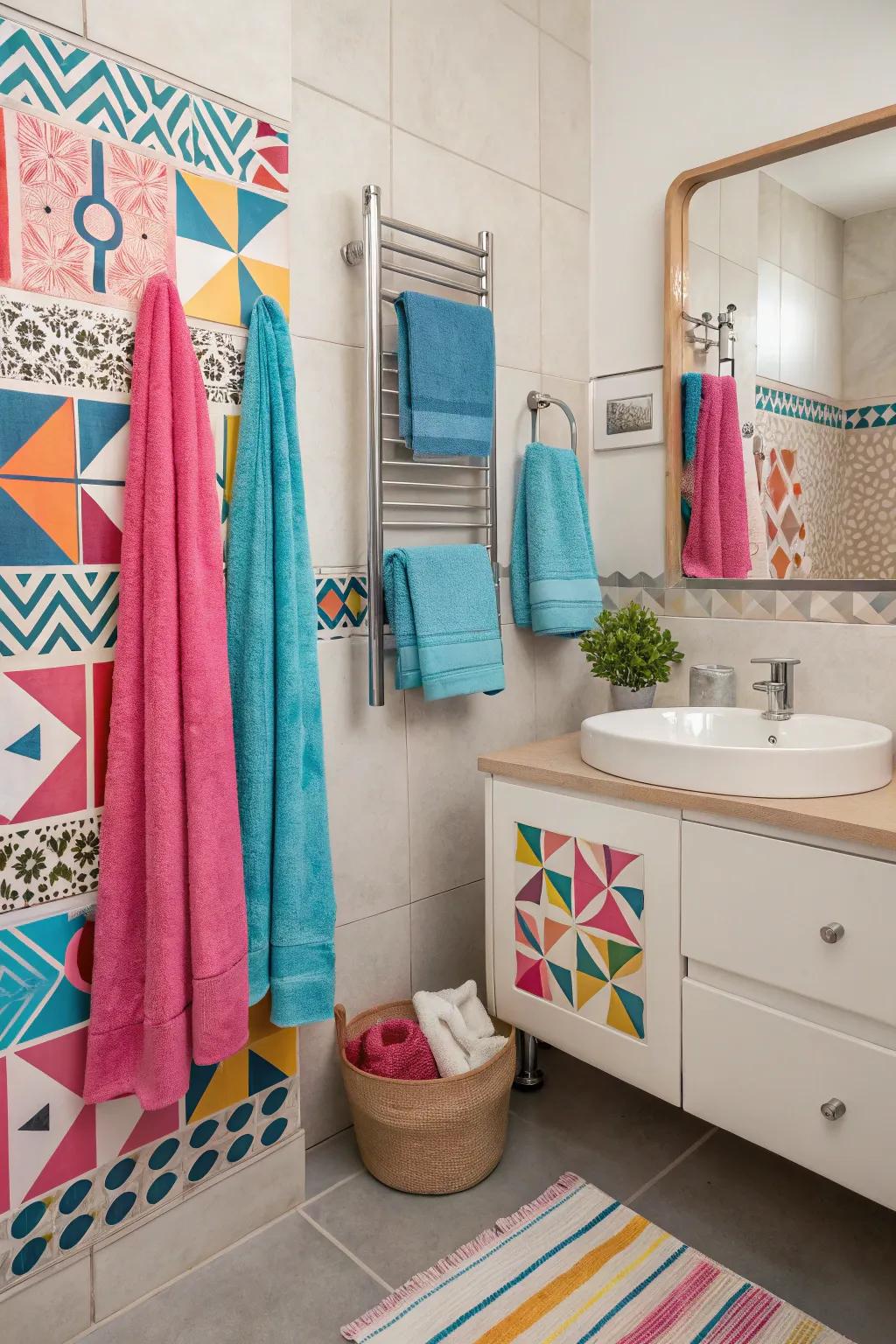 Unexpected pops of color add individuality to a bright-colored bathroom.