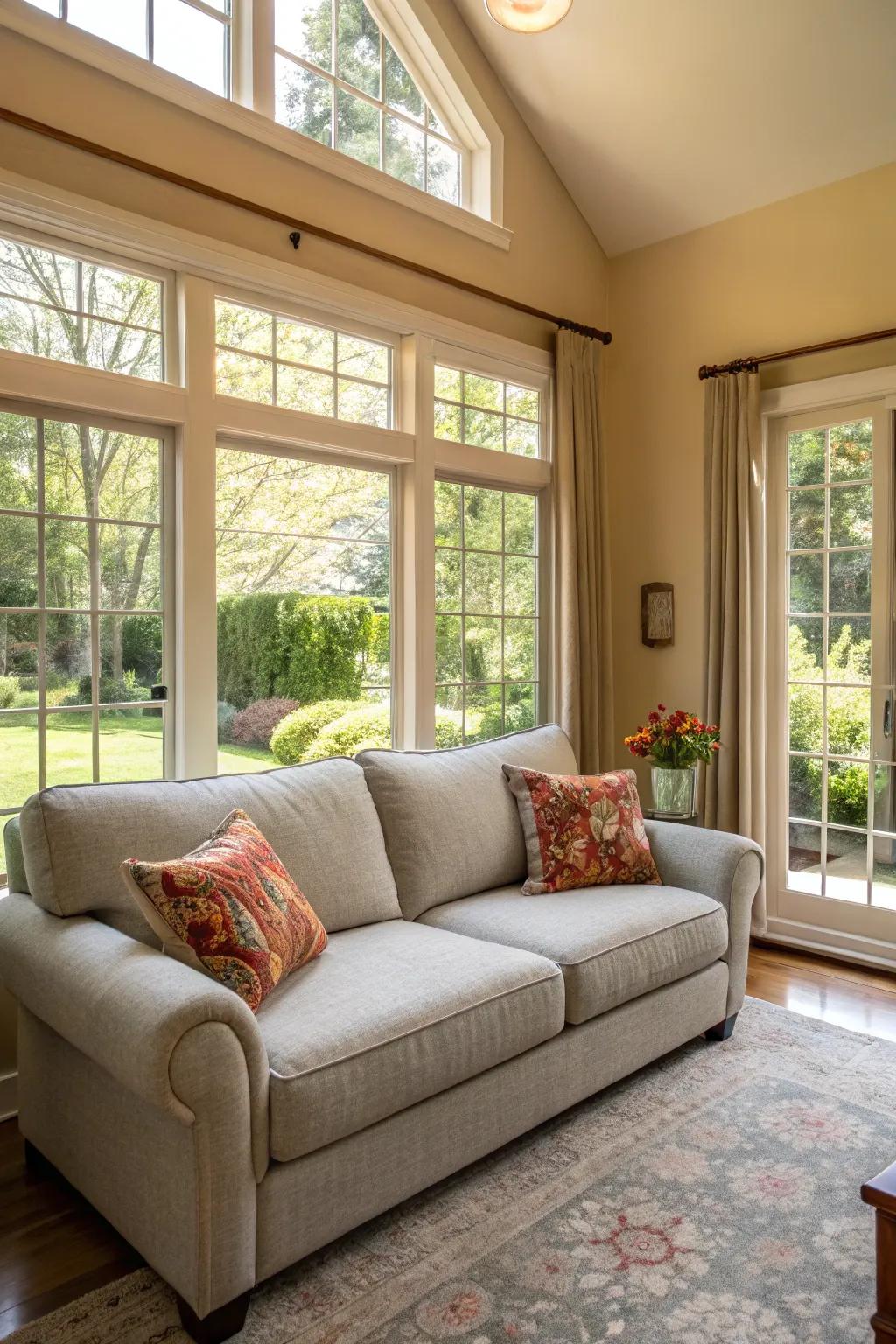 Natural light enhances the airy feel of a living room with a pale stone sofa.