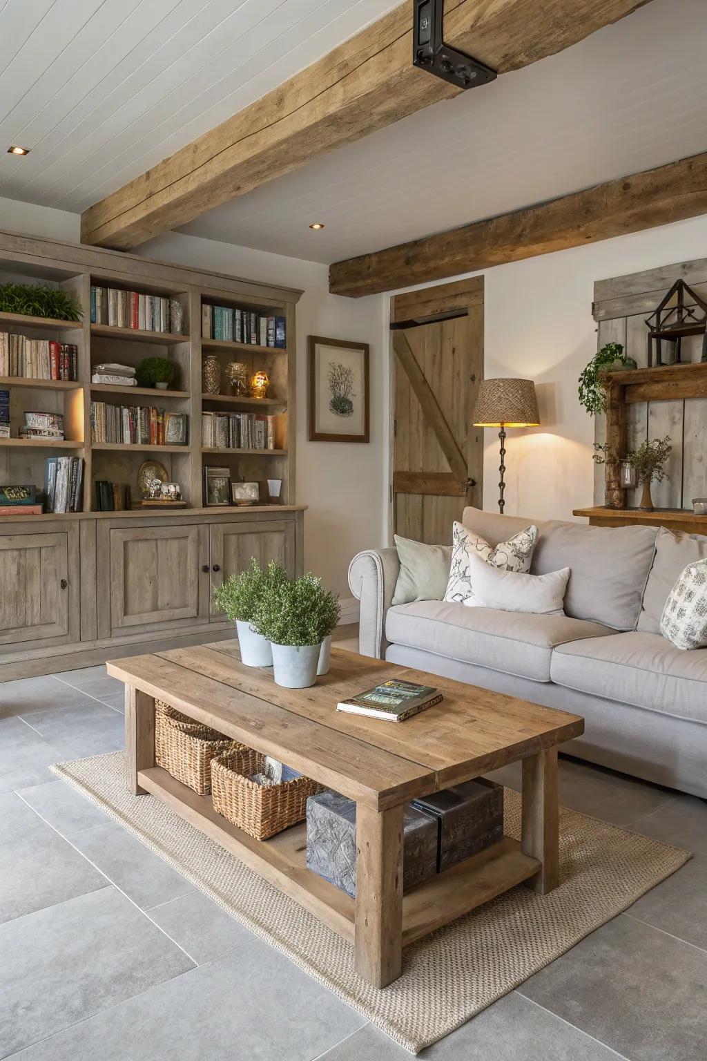 A rustic chic living area with light grey flooring.