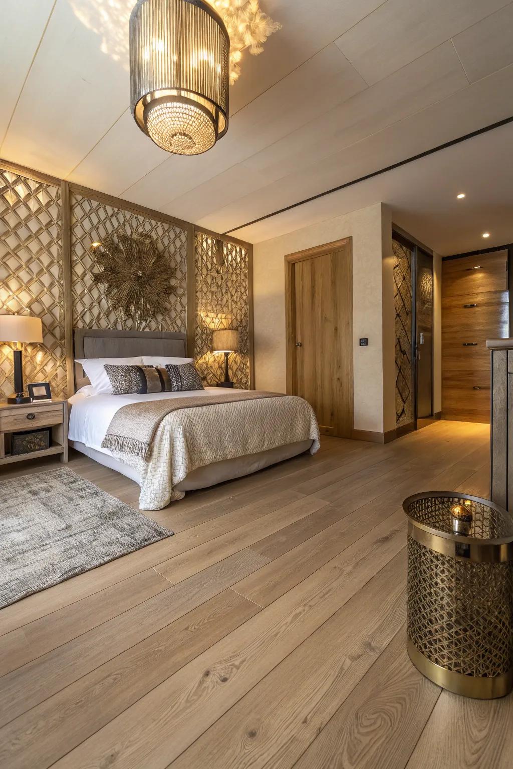 Metallic accents bringing luxury to a pale timber floor sleeping quarter.