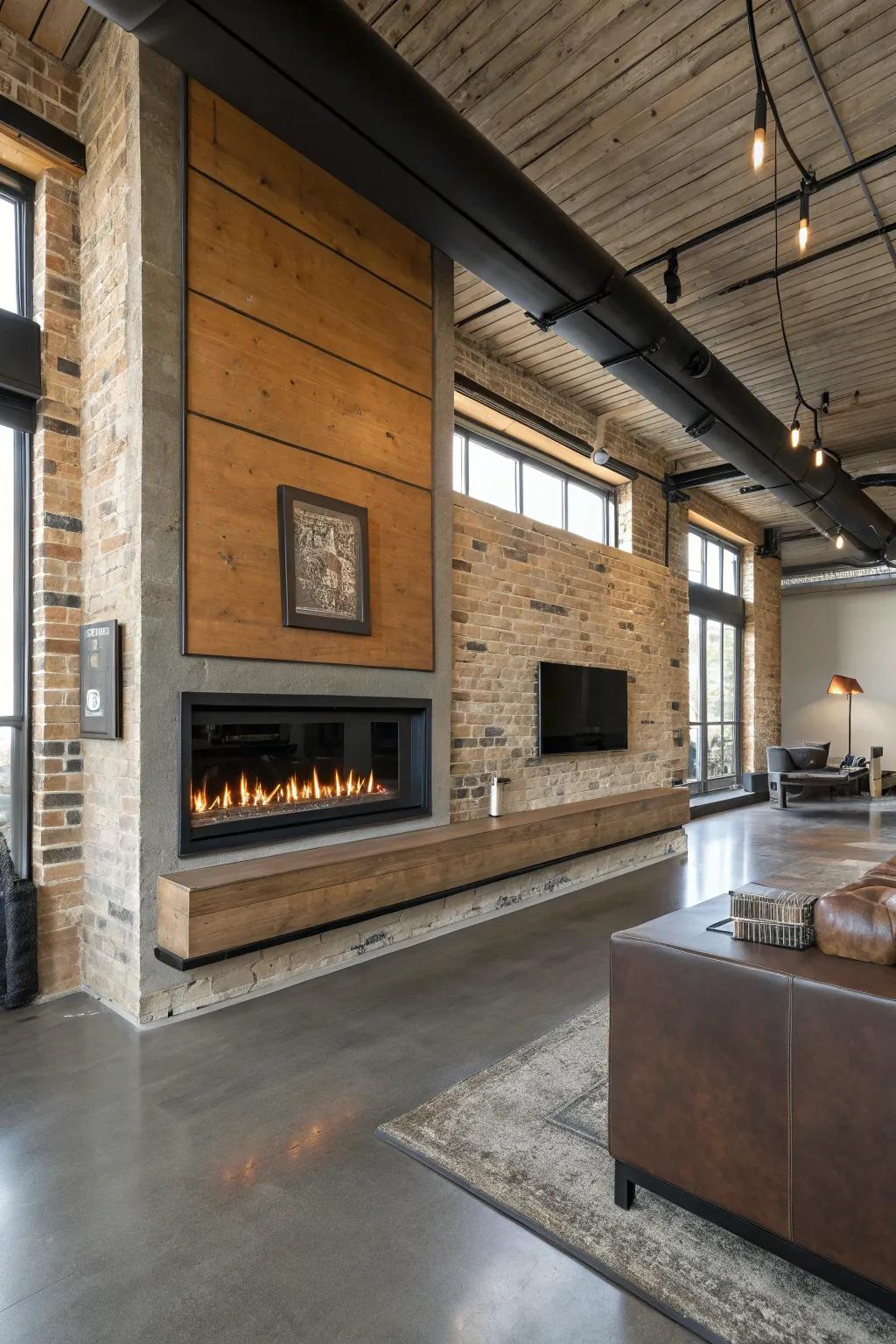 Fuse wood and metal for a contemporary hearth appearance.