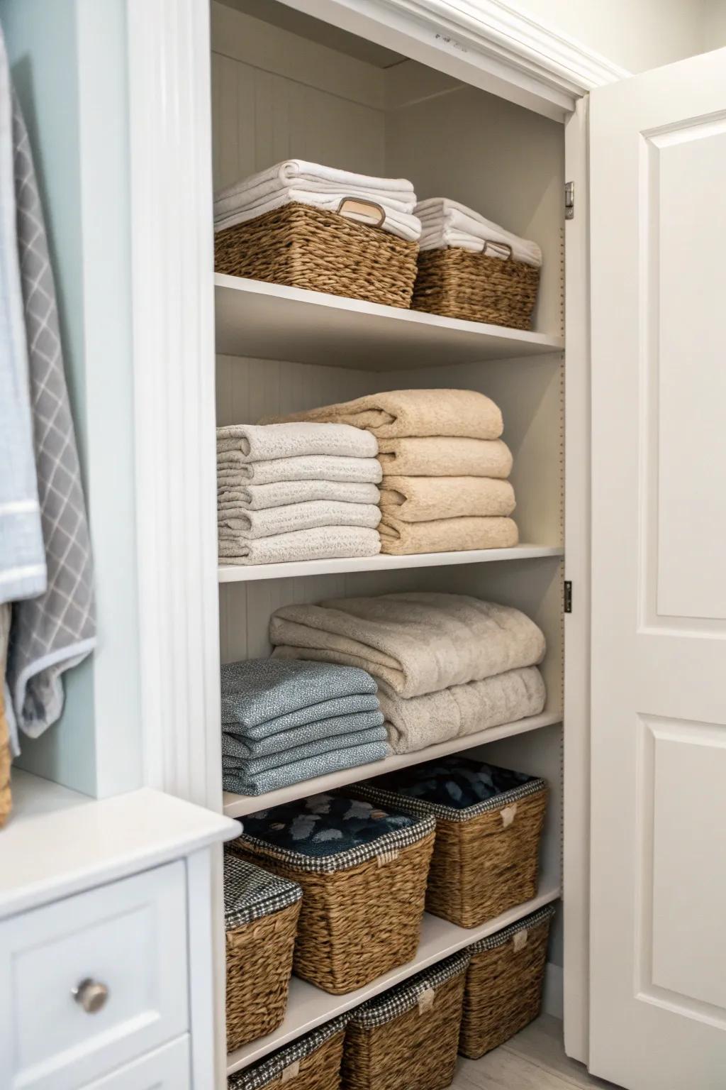 Angle shelves create additional storage space in a linen closet.
