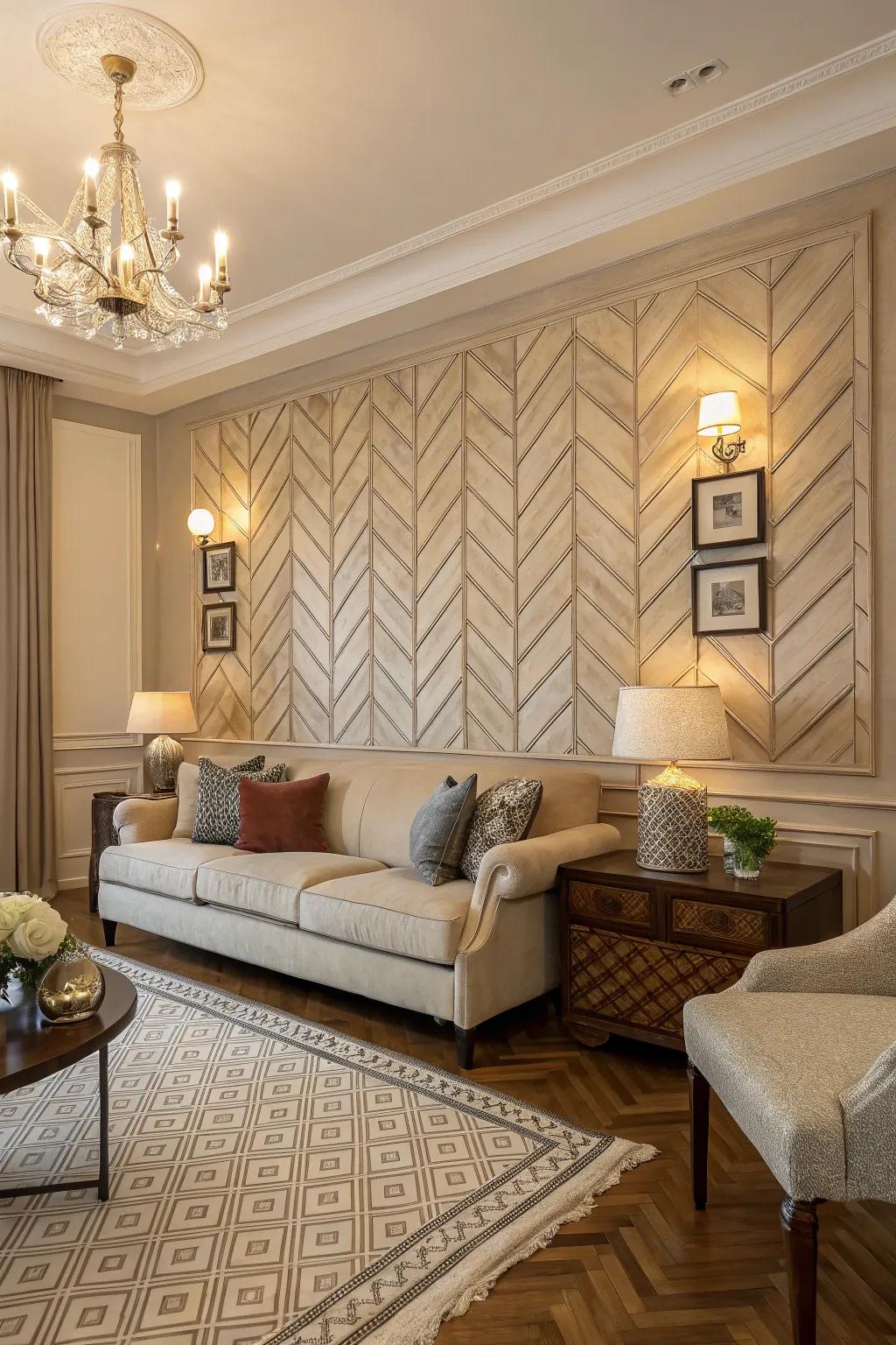 A herringbone pattern brings timeless sophistication to this living space.