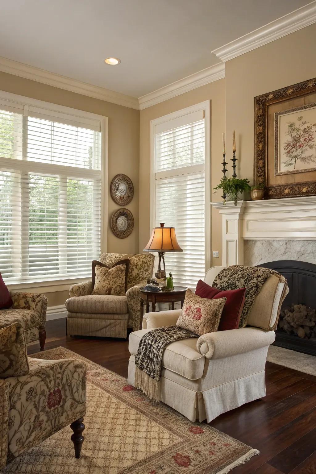 Venetian window treatments offer a timeless appeal.