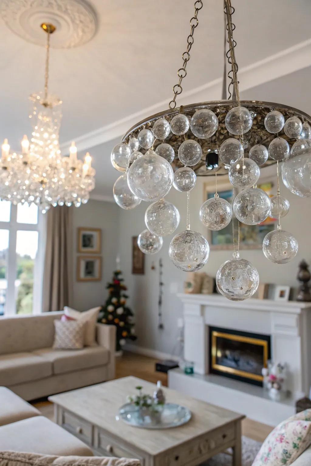 A living room with a chandelier featuring elegant glass spheres.