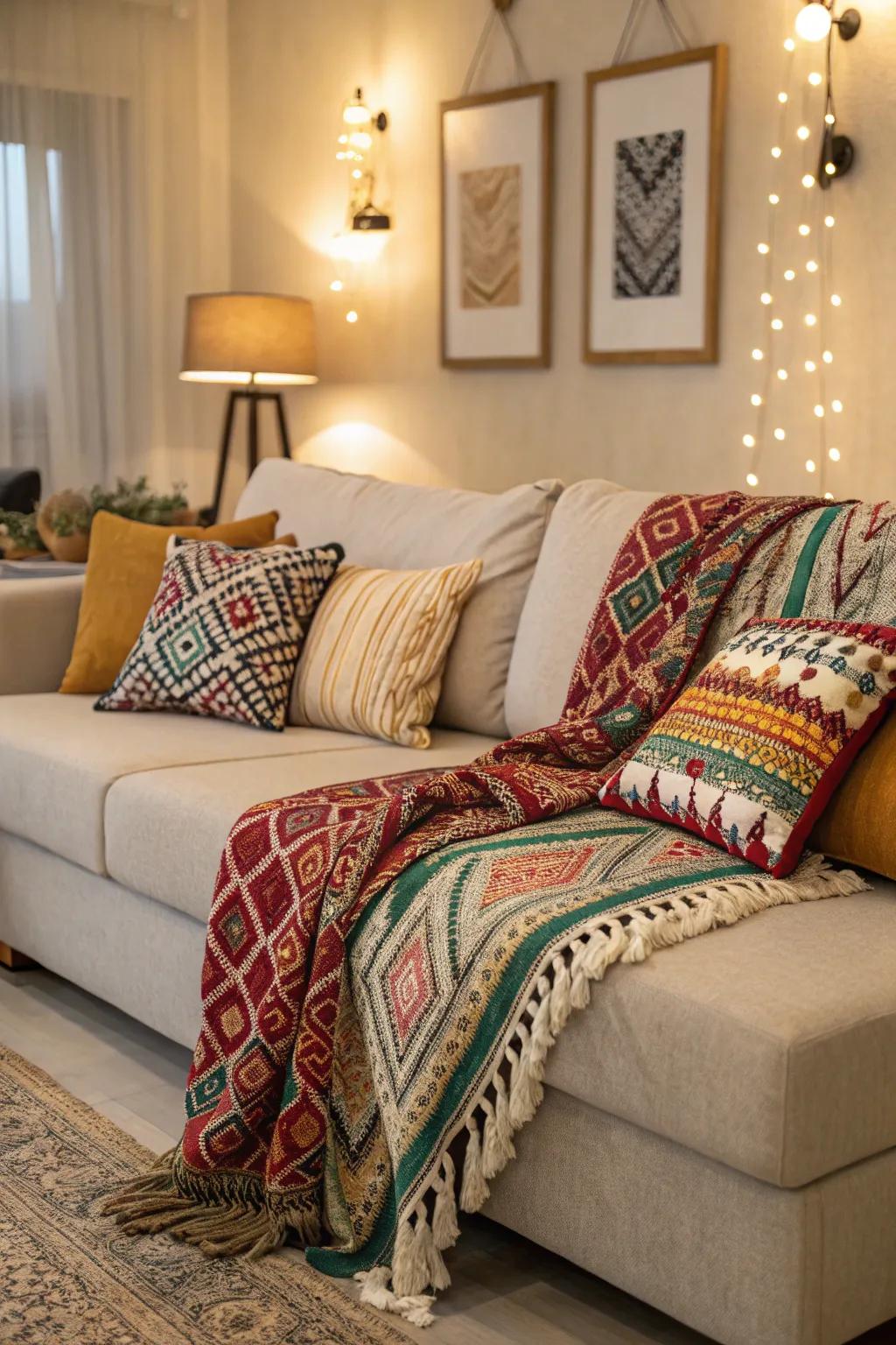 Designs on a sectional bring dynamic energy to the space.