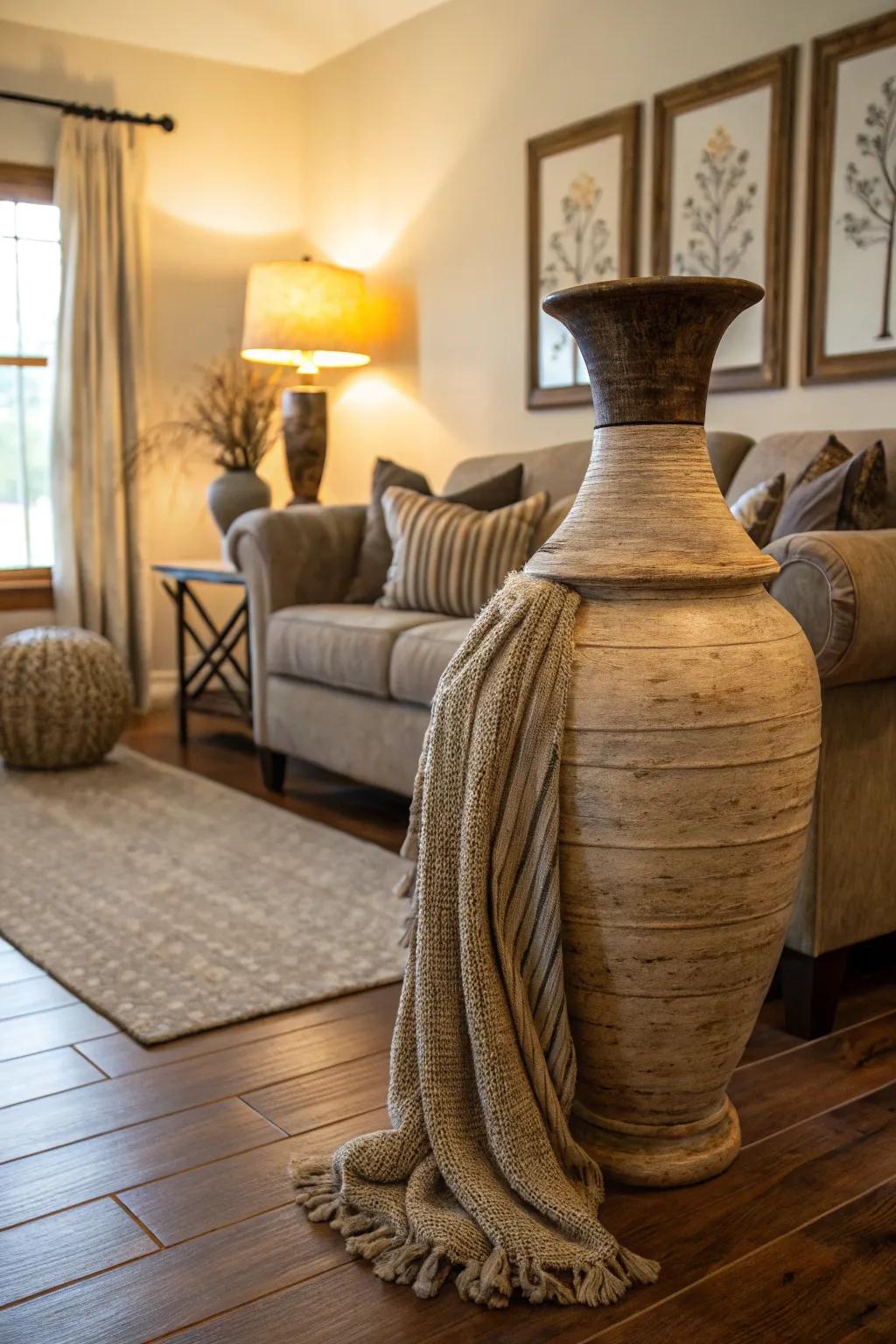 Textured fabrics draped over a holder add softness and a tactile piece to design.