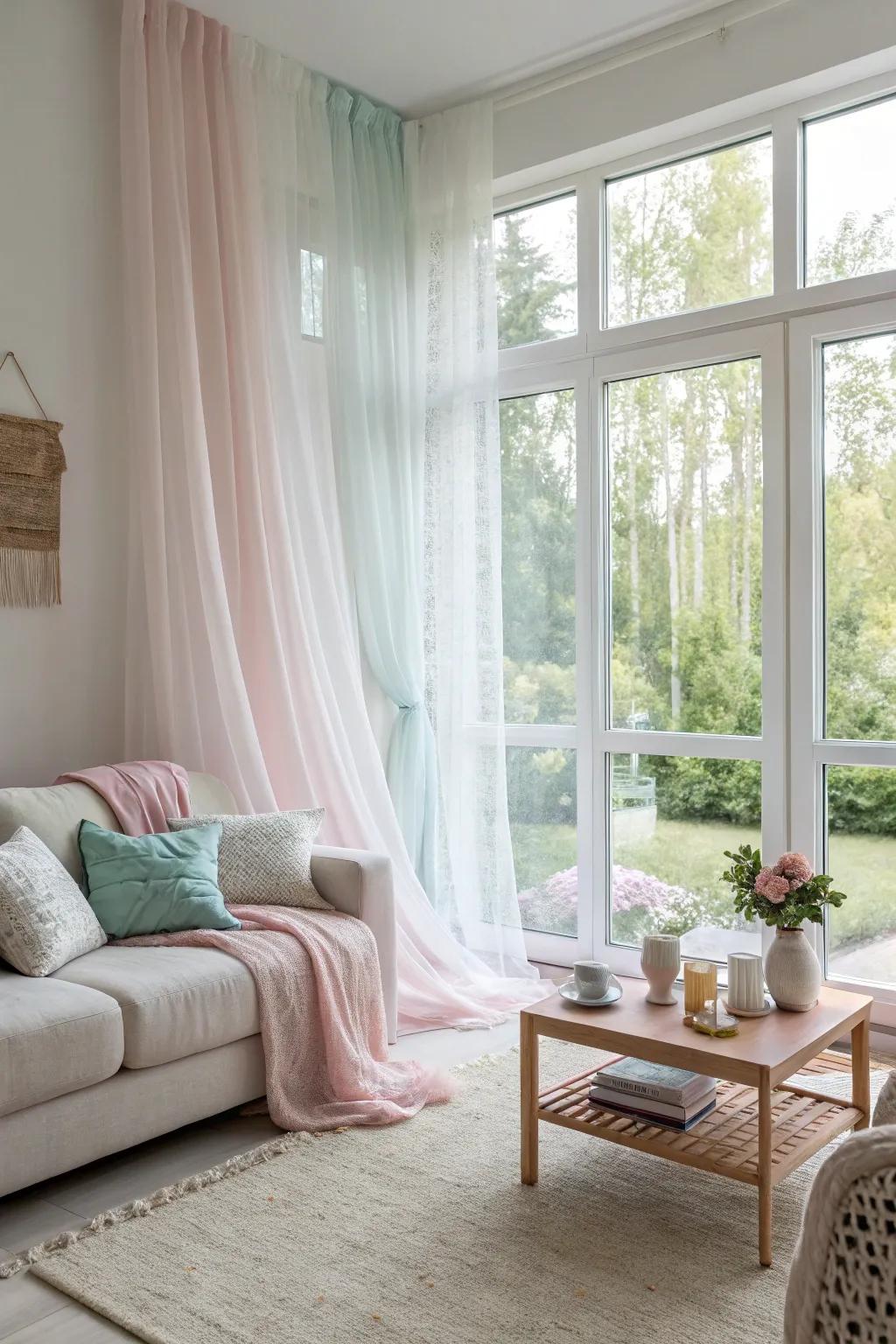 Create a serene atmosphere with sheer curtains on your picture windows.