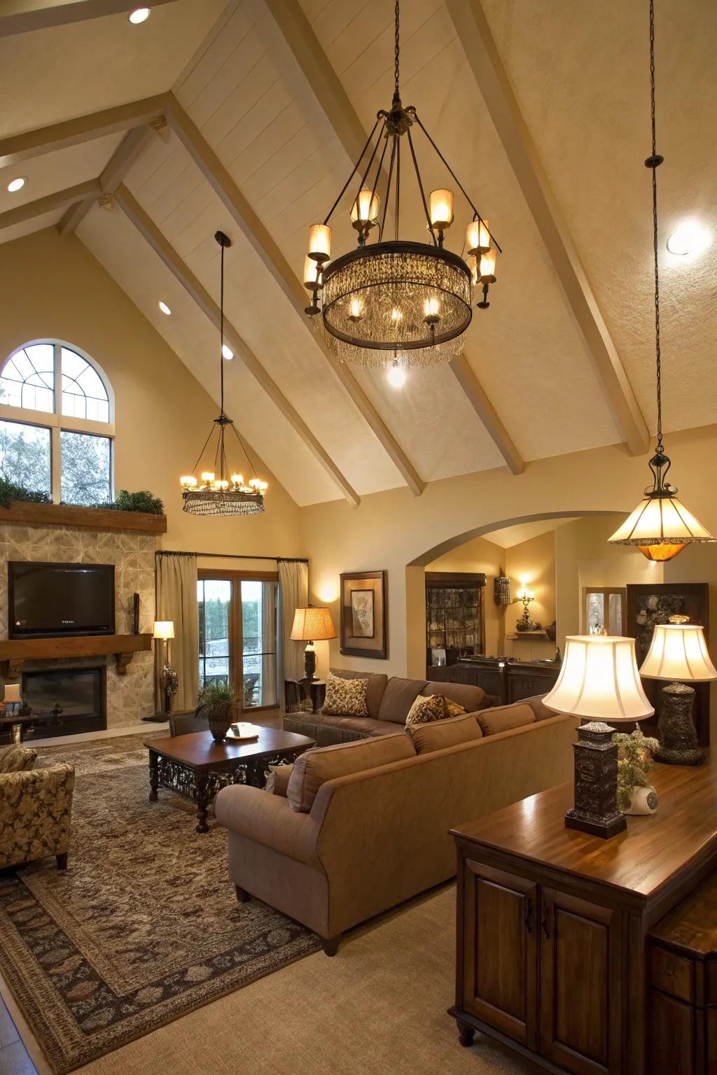 Multi-source lighting enhances the ambiance of a room with a high ceiling.