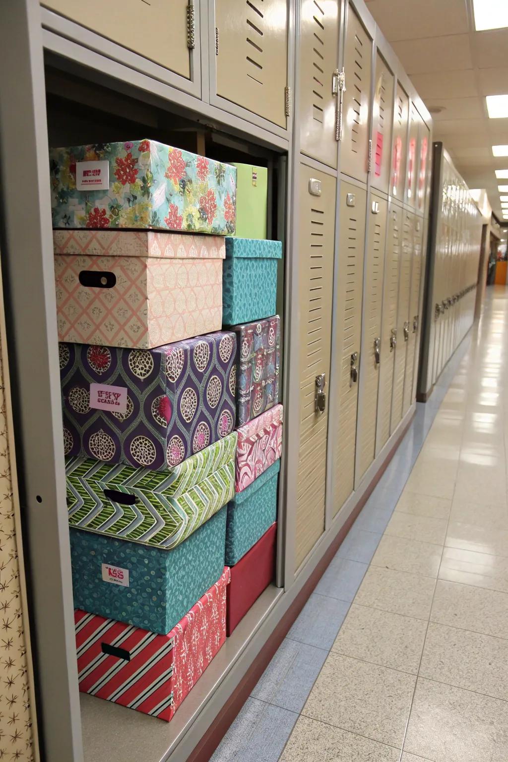 A locker using upcycled boxes as storage options, wrapped in decorative paper.
