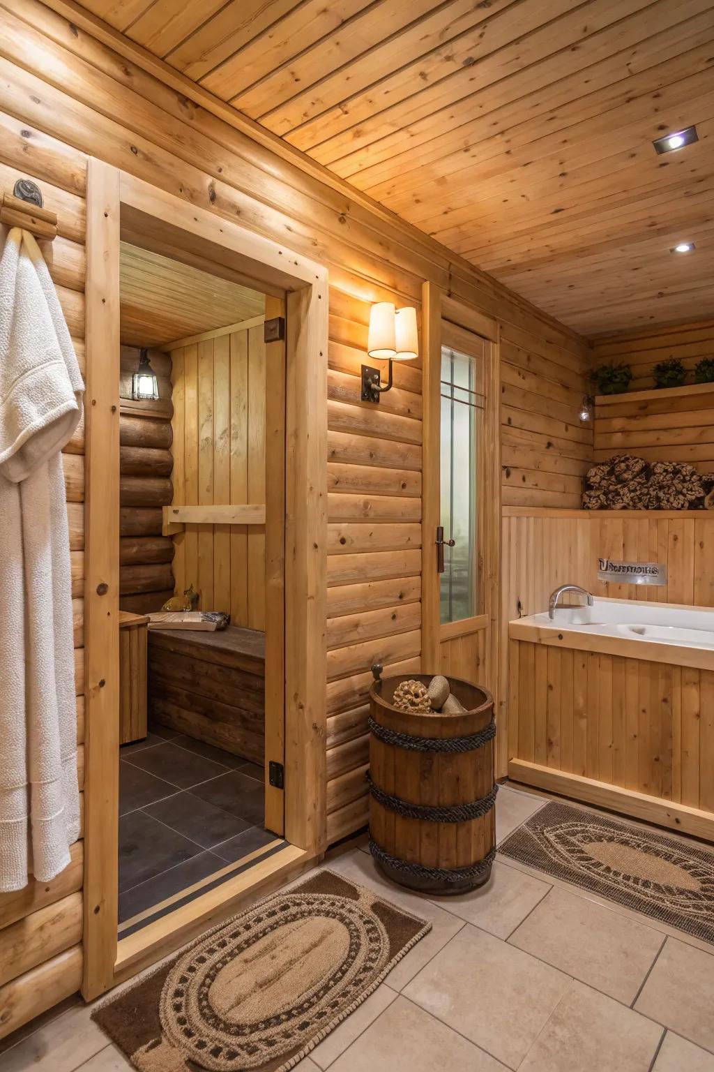 A log cabin bathroom featuring a small sauna corner.
