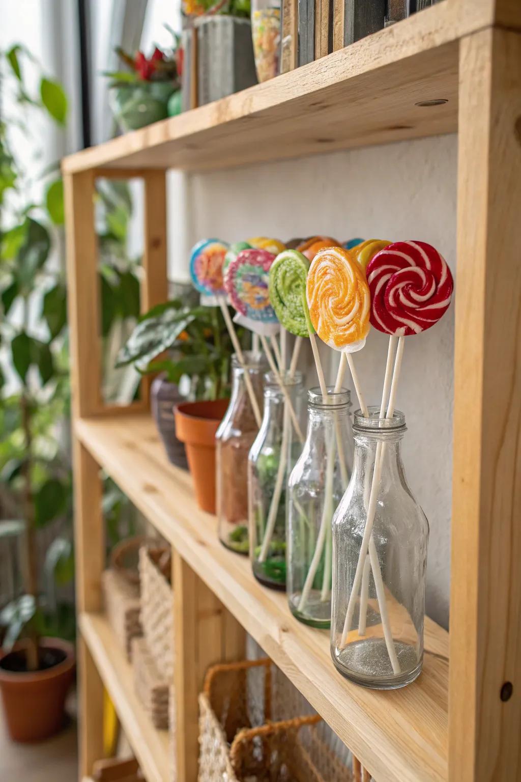 Recycled bottles offer an eco-friendly solution for stylish lollipop displays.
