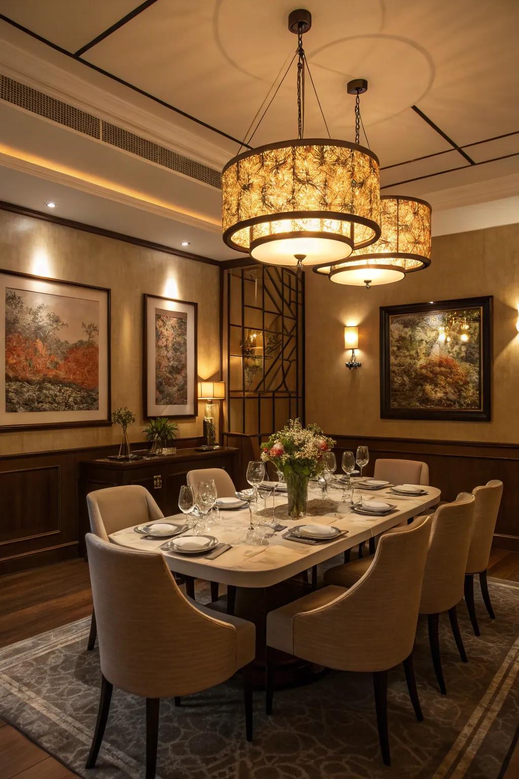 Adjustable lights provide versatility within a dining room.