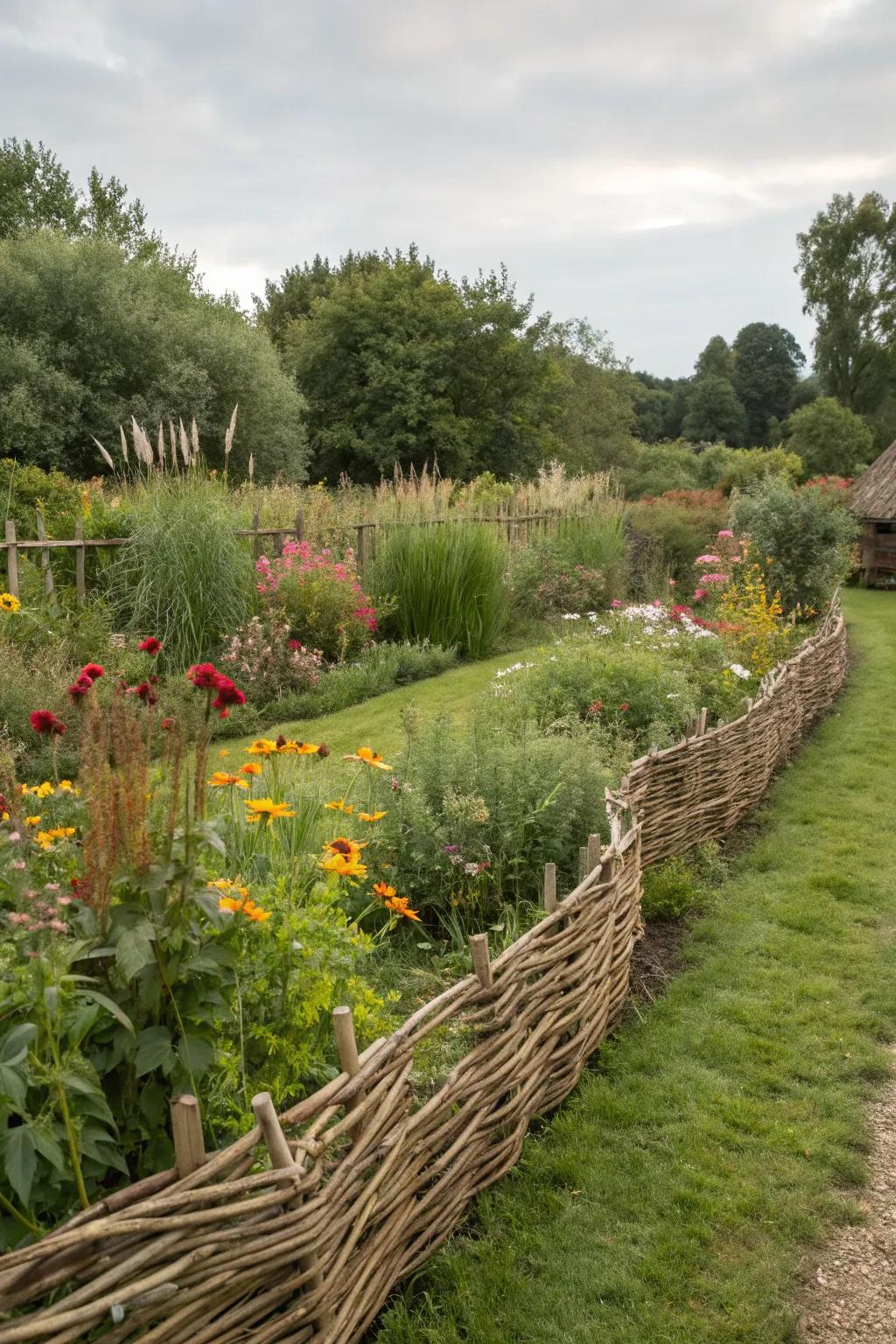 Rustic charm meets eco-friendliness with hazel hurdle fencing.