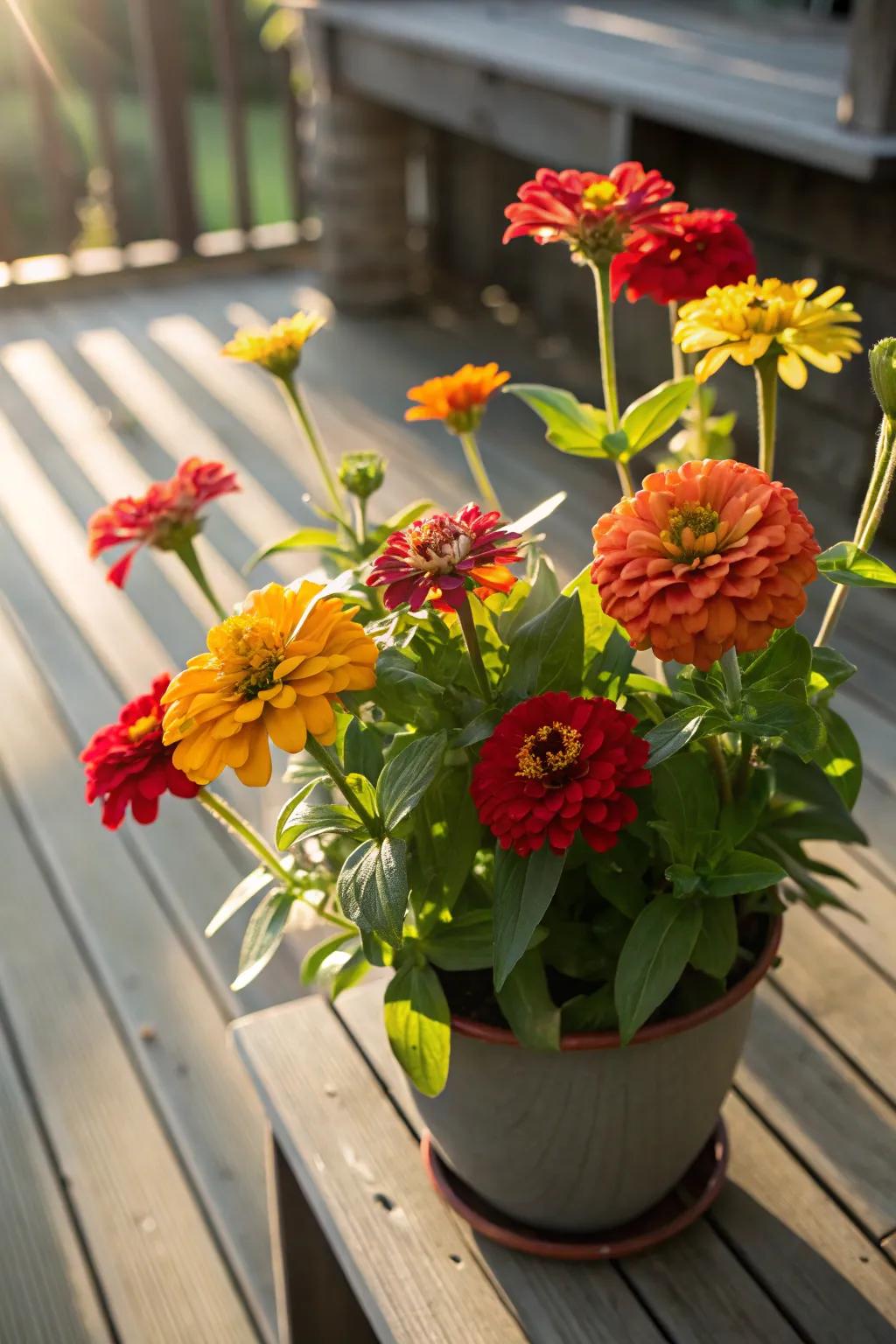 Zinnias adding cheerful blooms in full sun.