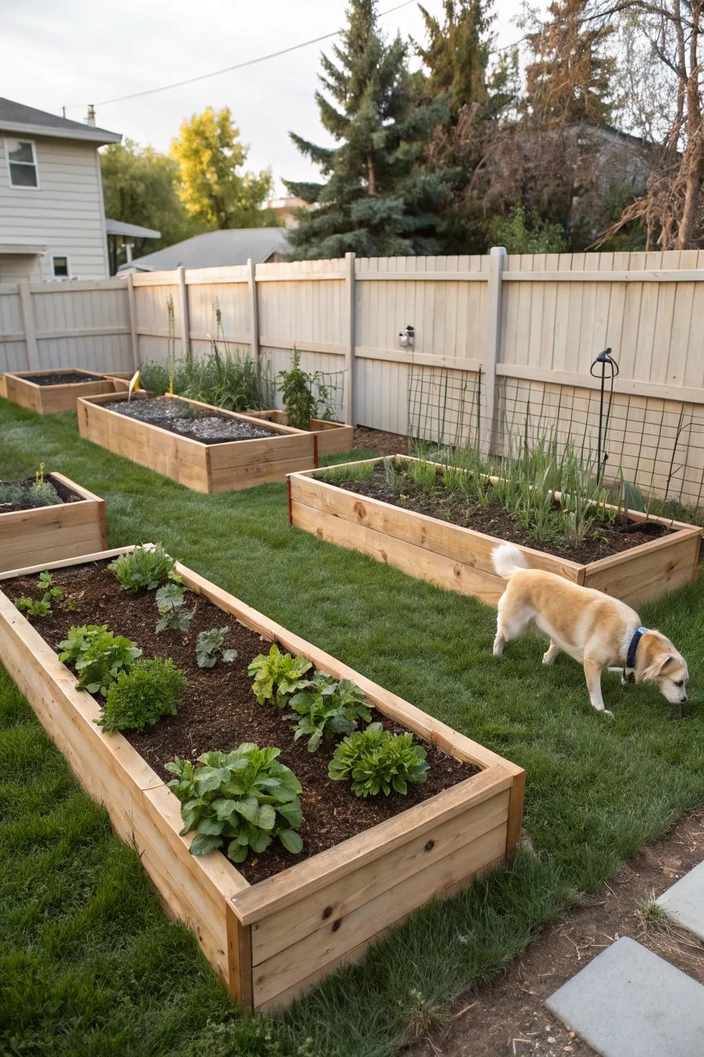 Raised garden beds make the garden look stylish and keep plants safe.