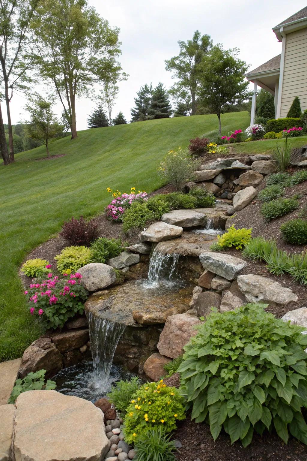 Water features add tranquility and appeal to sloped landscapes.